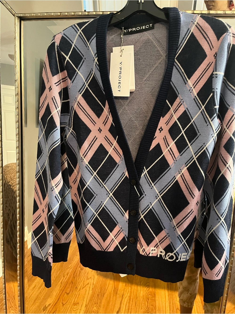 Y/Project Women's Navy Plaid Cardigan Sweater - Navy, Pink & Light Blue
